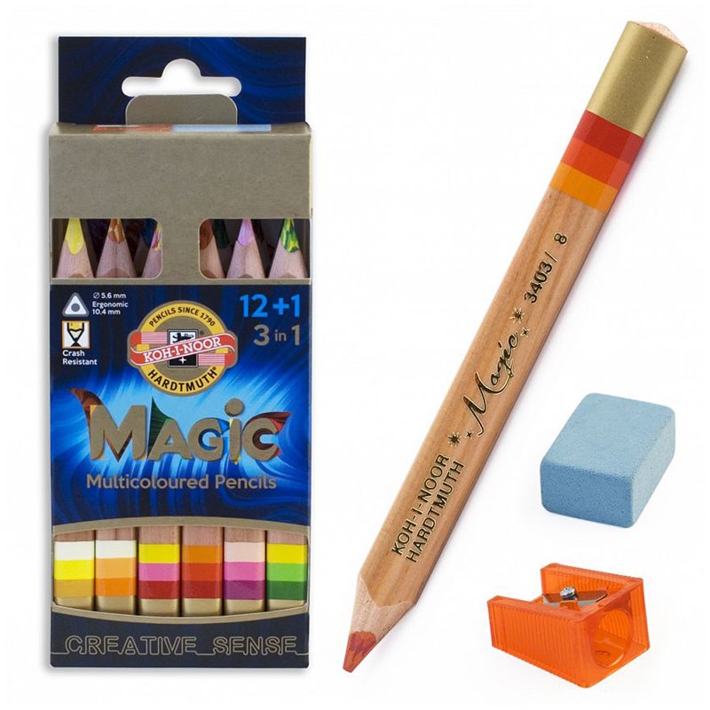 Карандаши с многоцв. гриф. Koh-I-Noor «Magic», 13цв, утолщен, заточ, точилка+ластик, картон, европод