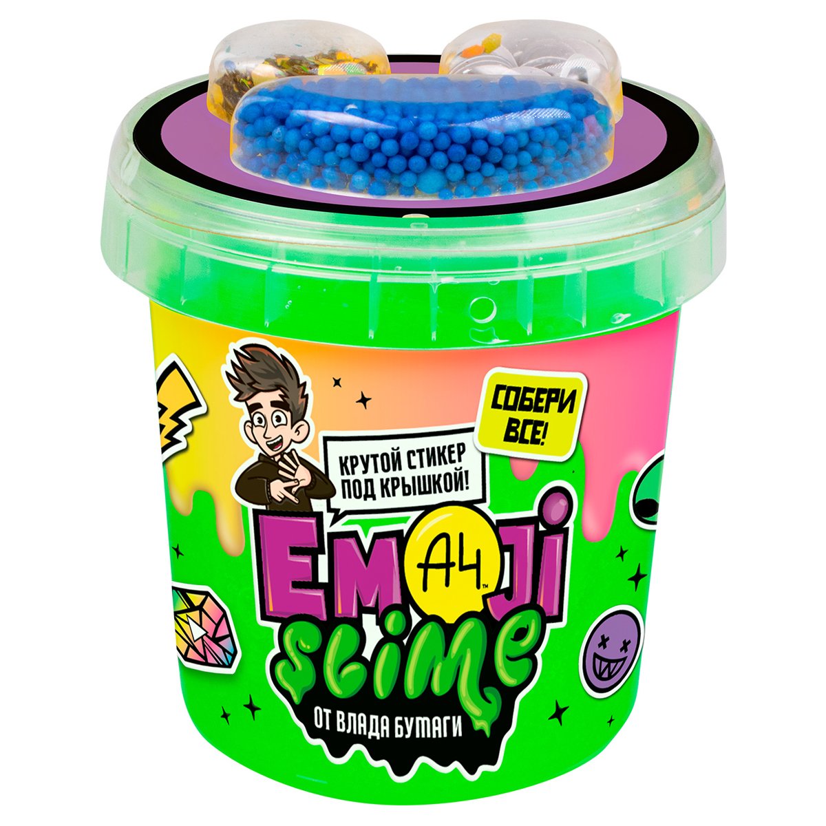 Слайм с добавками для замешивания Slime «Emoji. Влад А4», оранжевый/ зеленый/желтый, 110г, ассорти