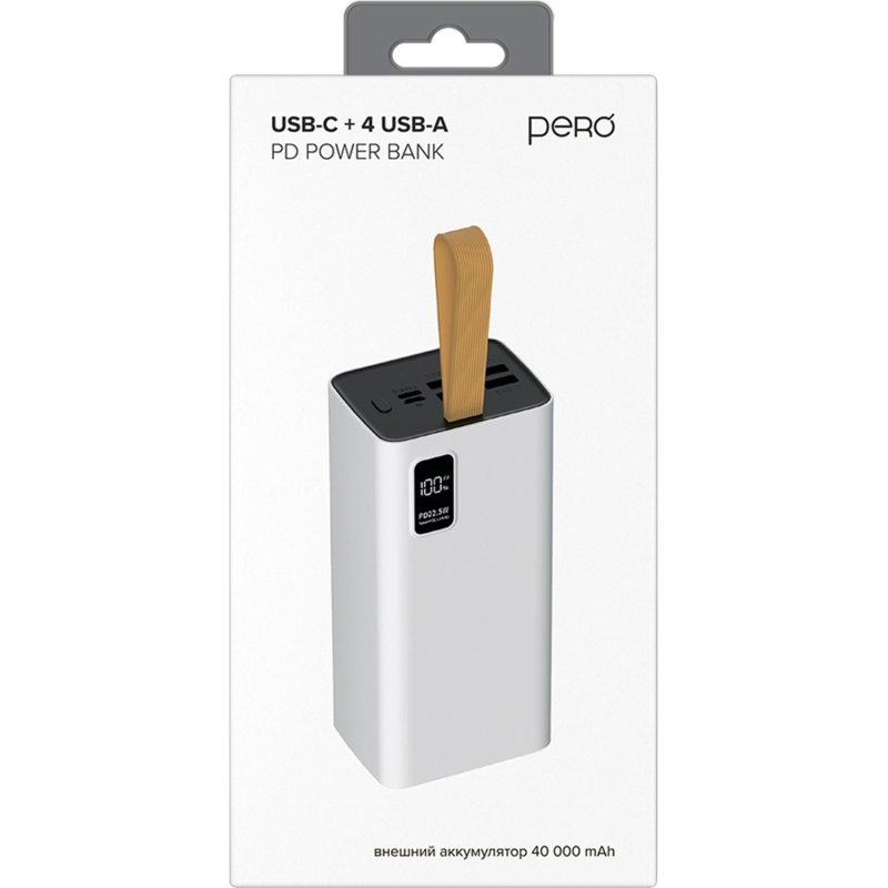 Внешний аккумулятор PERO PB08 40000 mAh, Li-Pol, output USB-C + 4USB-A, белый