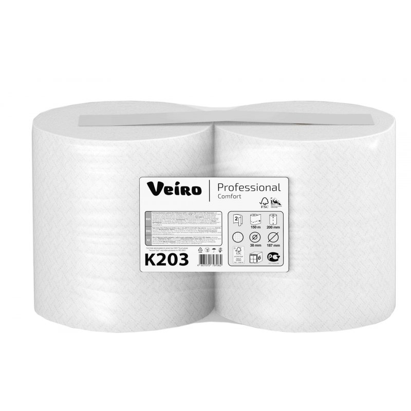 Полотенца бумажные рулонные VEIRO (Система A1, A2), комплект 6 шт., Comfort, 160 м, 2-слойные, белые, K203