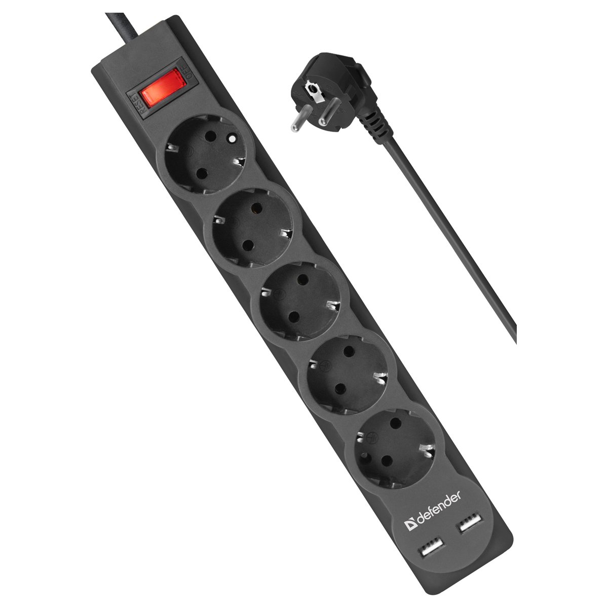 Сетевой фильтр Defender DFS 755 5 розеток 5.0м, 2xUSB, 2.1A, черный