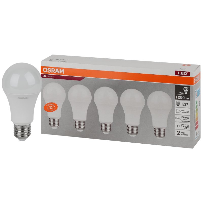 Лампа светодиодная Osram 15 Вт E27 грушевидная 4000 К нейтральный белый свет (5 штук в упаковке)