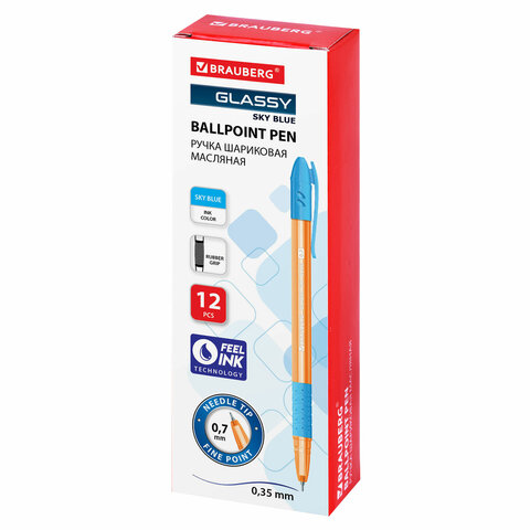 Ручка шариковая масляная с грипом BRAUBERG GLASSY SKY BLUE, СВЕТЛО-СИНЯЯ, узел 0.7 мм, линия письма 0.35 мм