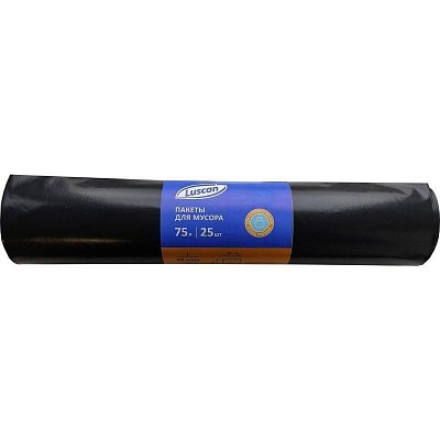 Мешки для мусора на 75 литров Luscan черные (45 мкм, в рулоне 25 штук, 60×80 см)