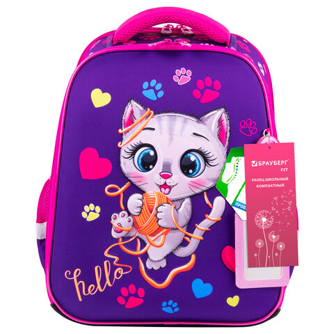 Ранец BRAUBERG FIT, 2 отделения, «Playing kitty», 3D-панель, 38×27х14 см