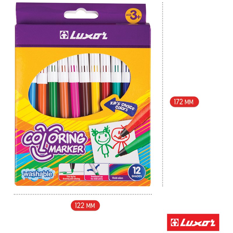 Фломастеры Luxor «Coloring», 12цв., смываемые, картон, европодвес