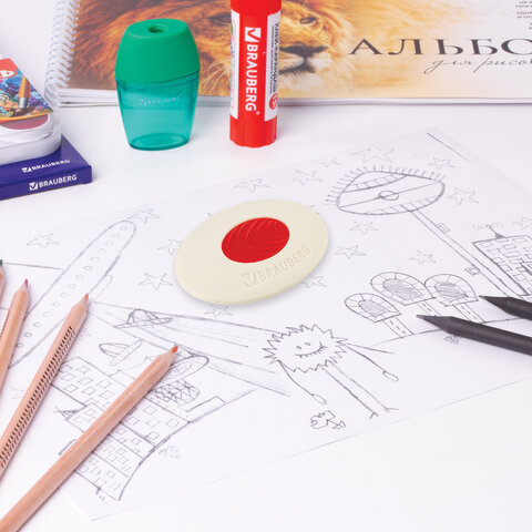 Ластик BRAUBERG «Oval PRO», 40×26*8мм, овальный, красный пластиковый держатель