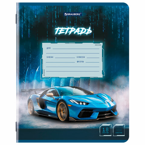 Тетрадь 18 л. BRAUBERG, клетка, обложка картон, SPORT CARS