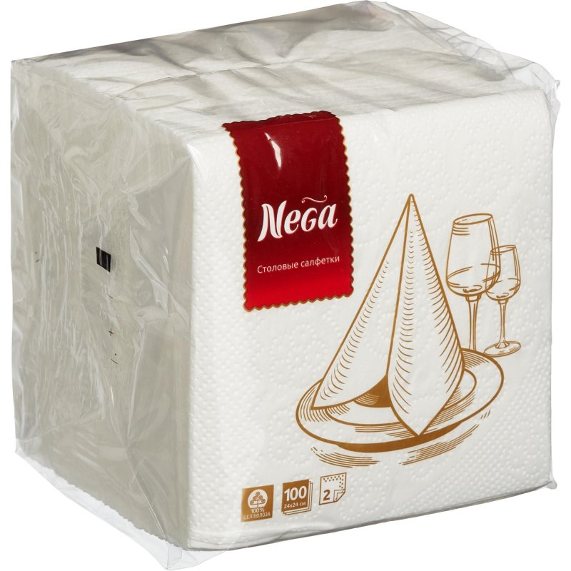 Салфетки Nega 2-слойные (24×24 см, белые, 100 штук в упаковке)