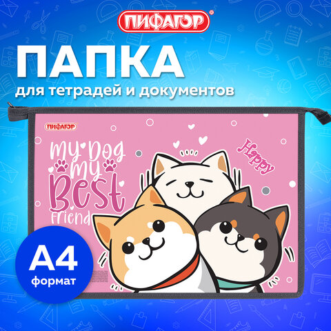 Папка для тетрадей ПИФАГОР А4, 1 отделение, картон/пластик, на молнии, «Best team»