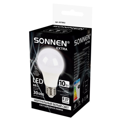 Лампа светодиодная SONNEN EXTRA, 10 (85) Вт, Е27, груша, нейтральный белый, 30000 ч, LED A60-10W-4000-Е27