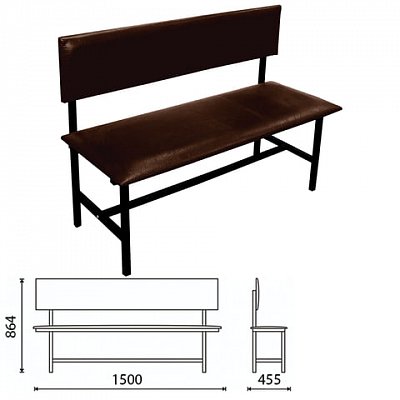 Банкетка со спинкой «Берта» 1500×455×864 мм, усиленная, черный каркас, кожзам коричневый