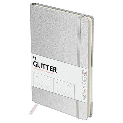 Ежедневник недатированный, А5, 136л., твердый переплет, диз. картон, BG «Glitter. White», белый, на резинке, карман