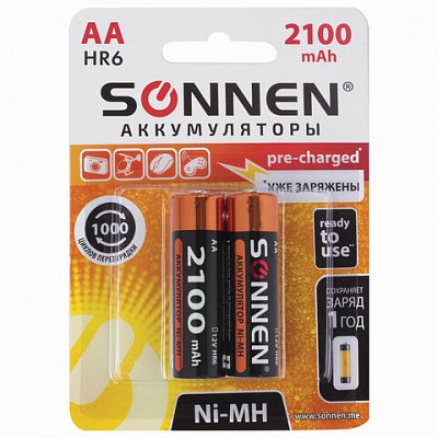 Батарейки аккумуляторные SONNEN, АА (HR06), Ni-Mh, 2100 mAh, 2 шт., в блистере, 454234