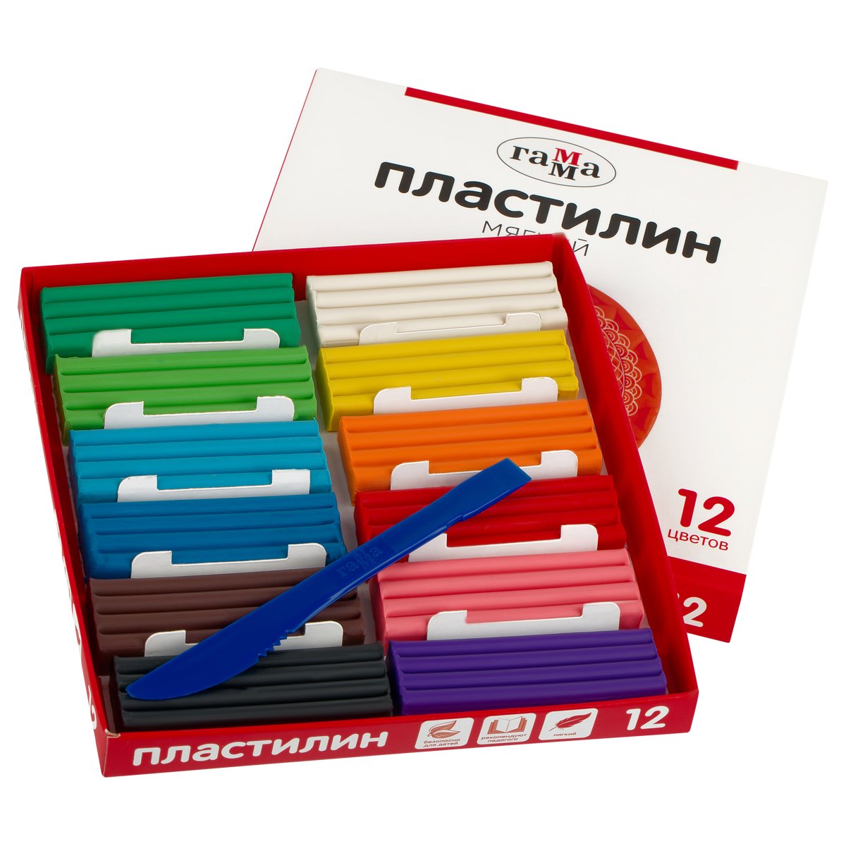 Пластилин Гамма, 12 цветов, 240г, со стеком, картон. упаковка