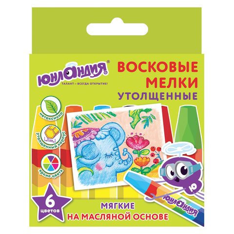 превью Восковые мелки утолщенные ЮНЛАНДИЯ «ЮНЛАНДИК И ИНДИЙСКИЙ СЛОН», НАБОР 6 цветов, масляная основа