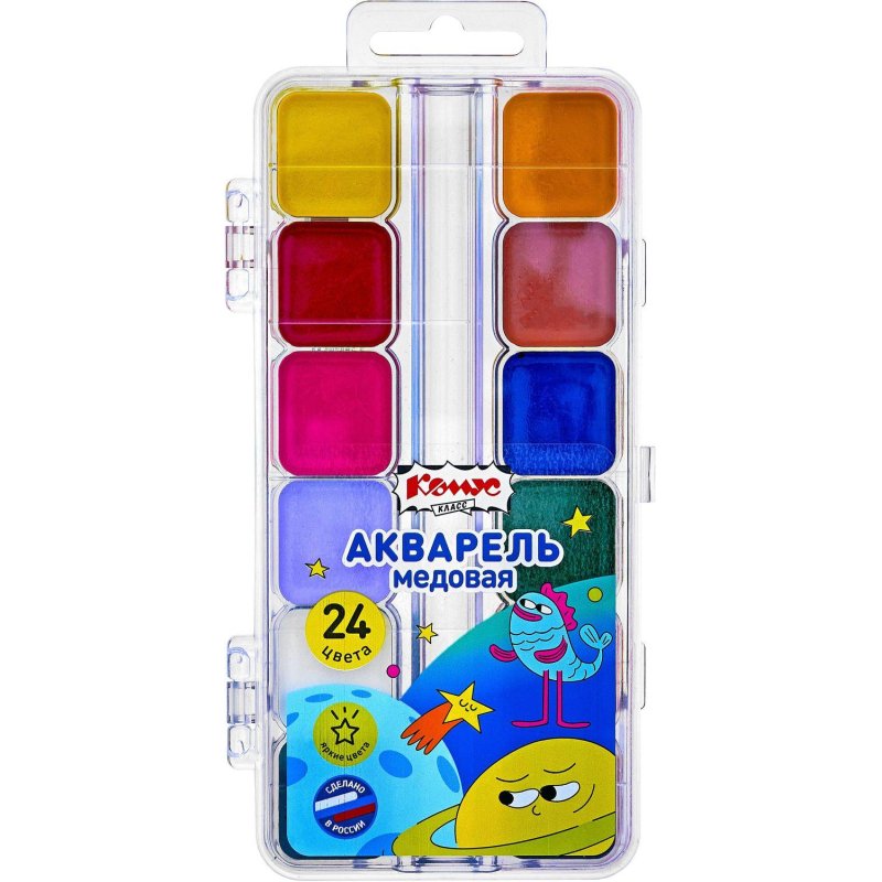 Краски акварельные Комус Класс Максики 24цв/наб, медов, квадр. кюветы, пл. пенал