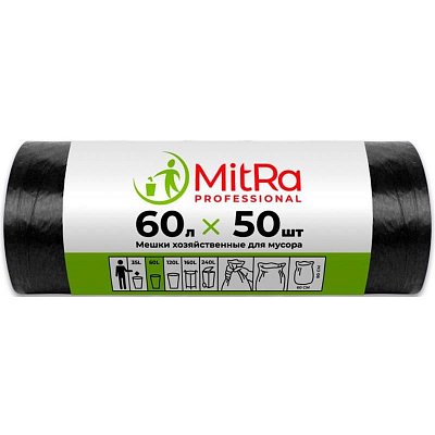 Мешки для мусора на 60 л Mitra Professional черные (ПНД, 7 мкм, в рулоне 50 шт, 60×80 см)