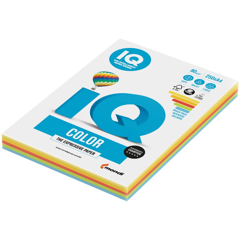 Бумага цветная IQ Color (A4, 80г/?, 5 цветов по 50 листов, 250 листов в пачке)