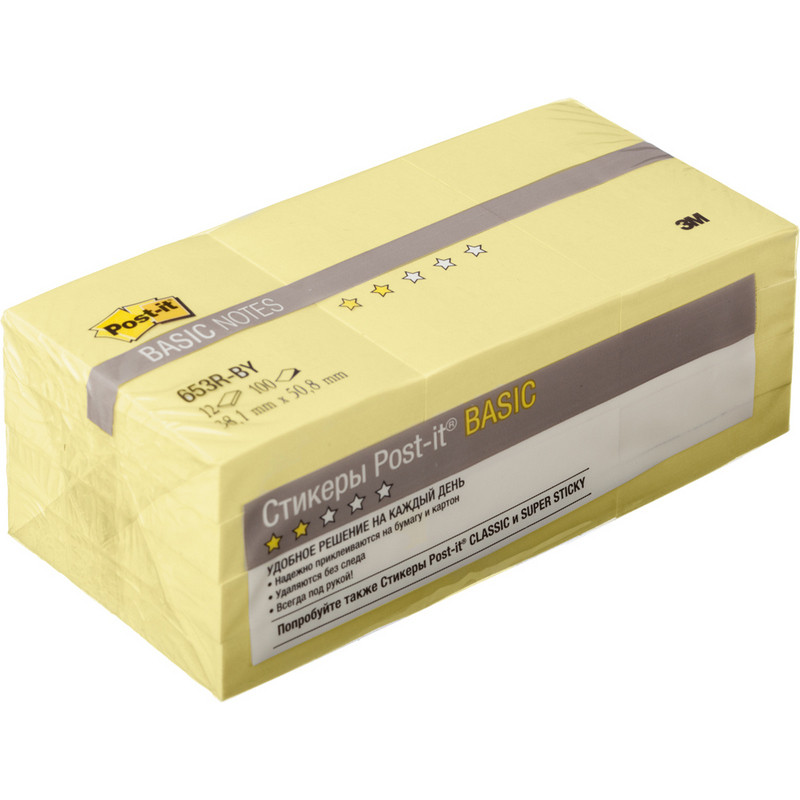 Блок-кубик 3М BASIC 653R-BY, канареечный желт 38х51мм 12 бл *100 л.