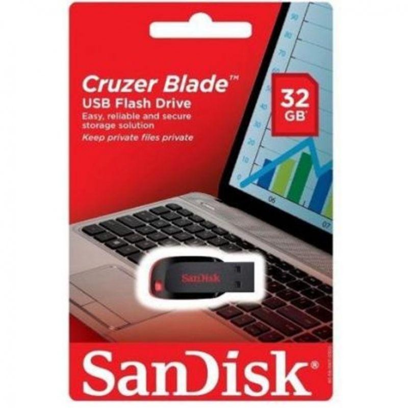 Флэш-диск SANDISK, 32 GB, Cruzer Blade USB 2.0, скорость чтения/ записи - 26/18 Мб/сек. 