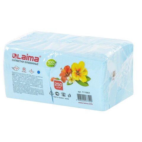 Салфетки бумажные, 250 шт., 24×24 см, ЛАЙМА, синие (пастель), 100% целлюлоза, 111951