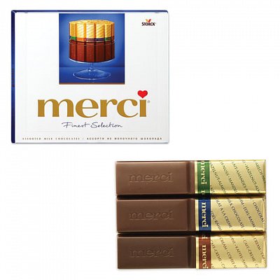 Конфеты шоколадные MERCI,  из молочного шоколада, 250 г, картонная коробка