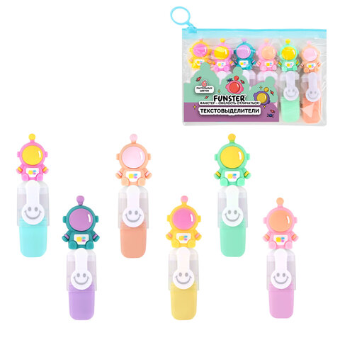 превью Набор текстовыделителей с топперами 6 ЦВЕТОВ ПАСТЕЛЬ, «КОСМО», линия 1-4 мм, FUNSTER (ФАНСТЕР)