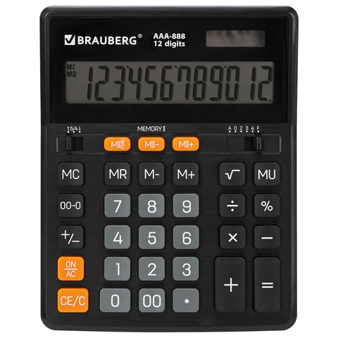 превью Калькулятор настольный BRAUBERG AAA-888 (202×159 мм), 12 разрядов, ЧЕРНЫЙ, двойное питание