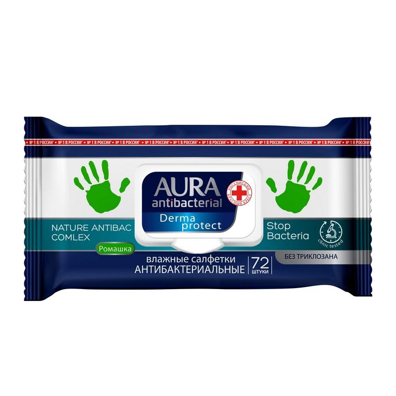 превью Салфетки влажные AURA «Antibacterial», 72 шт., антибактериальные, «Стикер рука»