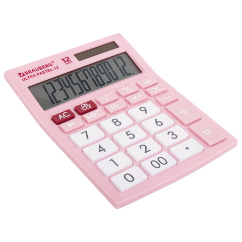 Калькулятор настольный BRAUBERG ULTRA PASTEL-12-PK (192×143 мм), 12 разрядов, двойное питание, РОЗОВЫЙ