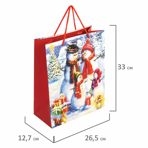 Пакет подарочный (1 штука) новогодний 26×13x32 см, ЗОЛОТАЯ СКАЗКА «Snowman», глиттер