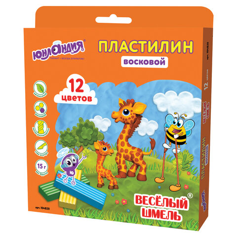 Пластилин восковой ЮНЛАНДИЯ «ВЕСЁЛЫЙ ШМЕЛЬ», 12 цветов, 180 г, СО СТЕКОМ, европодвес