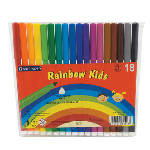 Фломастеры CENTROPEN «Rainbow Kids», 18 цветов, смываемые, эргономичные, вентилируемый колпачок