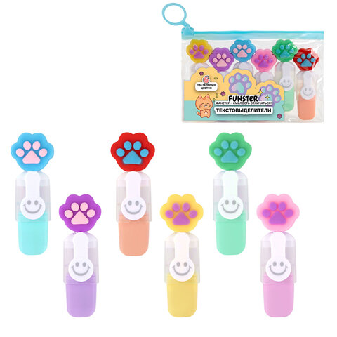 превью Набор текстовыделителей с топперами 6 ЦВЕТОВ ПАСТЕЛЬ, «ЛАПКИ», линия 1-4 мм, FUNSTER (ФАНСТЕР)