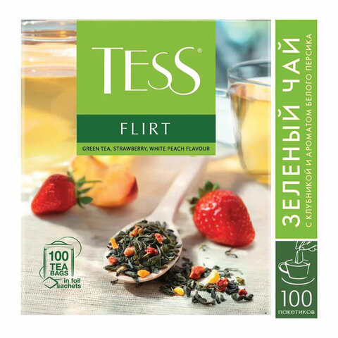 Чай TESS (Тесс) «Flirt», зеленый с клубникой и персиком, 100 пакетиков по 1.5 г