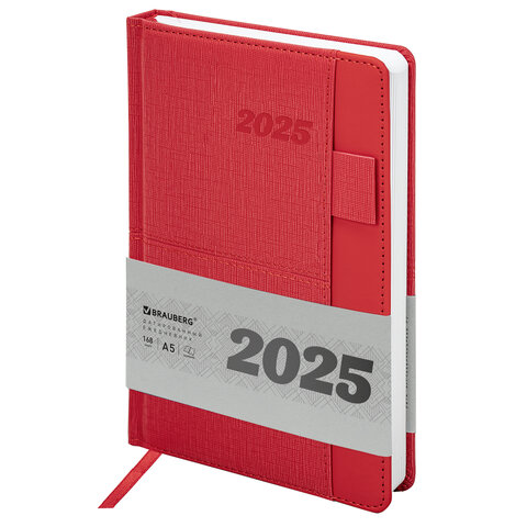 Ежедневник датированный 2025, А5, 138×213 мм, BRAUBERG «Pocket», под кожу, карман, держатель для ручки, красный