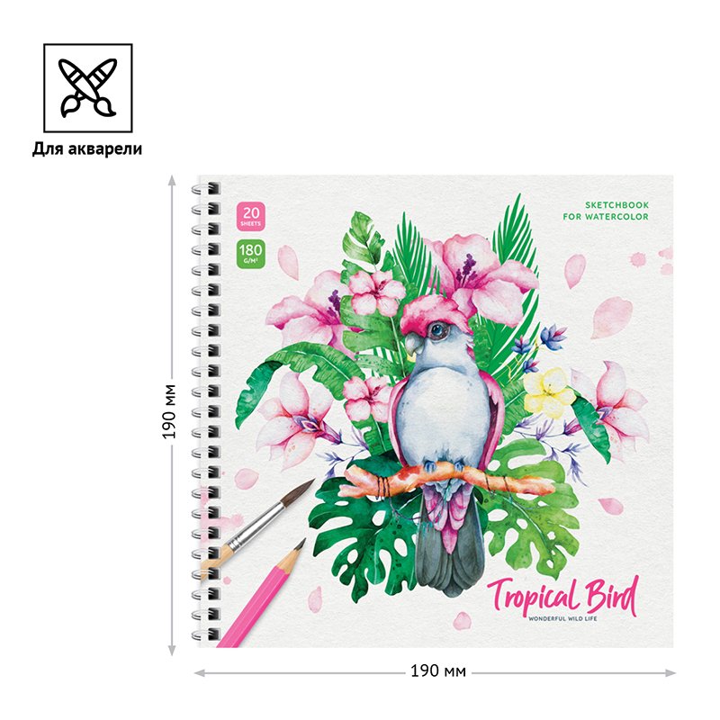 Скетчбук для акварели 20л. 190×190 на гребне ArtSpace «Tropical Bird», 180г/м2
