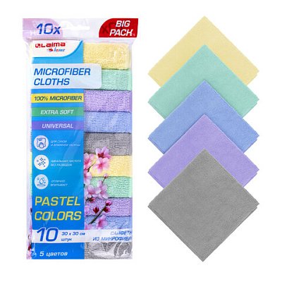 Салфетки из МИКРОФИБРЫ 30×30 см PASTEL COLOUR, big pack, КОМПЛЕКТ 10 штук, 180 г/м2, LAIMA HOME