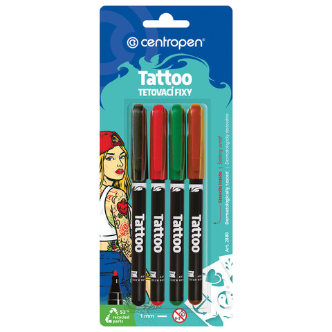 Фломастеры для кожи 4 ЦВЕТА CENTROPEN «Tattoo», + 16 трафаретов, смываемые, 2880/4BL