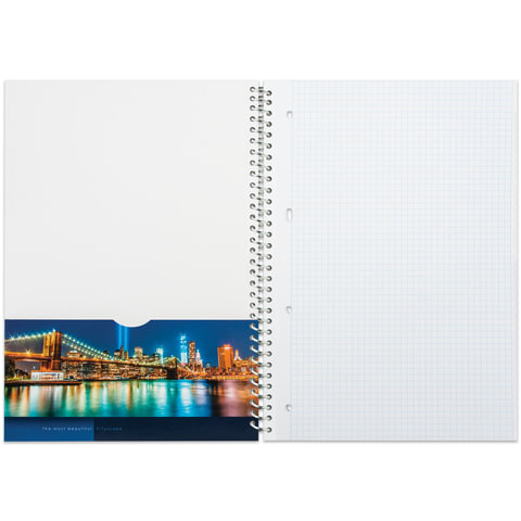 Тетрадь А4, 100 л., HATBER, спираль, клетка, глянцевый лак, карман, «CITYSCAPE» («Город»), 100Ткм4B1сп_12523