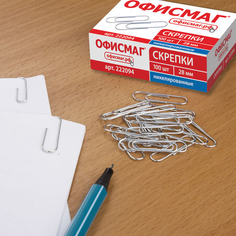 Скрепки ОФИСМАГ 28мм никелированные, 100шт., в карт. коробке