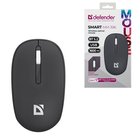 Мышь беспроводная DEFENDER Smart MM-396, 1600 dpi, 2 кнопки + 1 колесо-кнопка, оптическая, черная