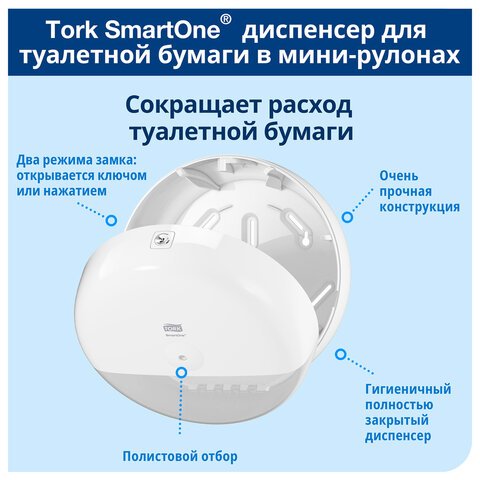 Держатель для туалетной бумаги Tork SmartOne T9 мини в рул, 681000 пласт. бе