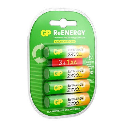 Батарейки аккумуляторные GP ReEnergy Ni-Mh КОМПЛЕКТ 4 шт. (ПРОМО 3+1), АА (HR6), 2600 mAh, 270AAHC3/1RGY
