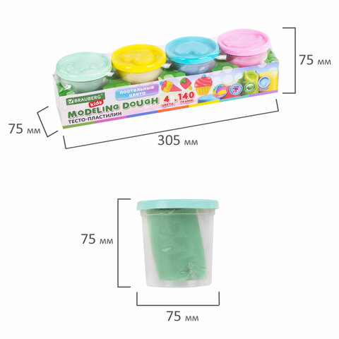 Пластилин-тесто для лепки BRAUBERG KIDS, 4 цвета, 560 г, пастельные цвета, крышки-штампики