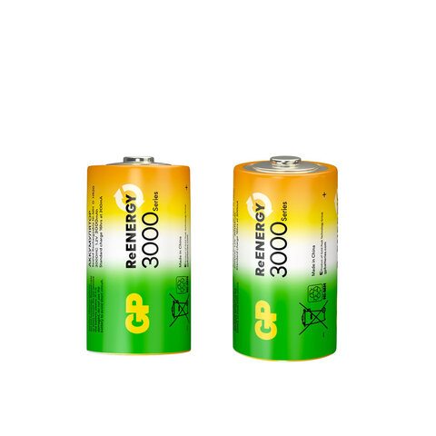 Батарейки аккумуляторные GP ReEnergy Ni-Mh КОМПЛЕКТ 2 шт., D (HR20), 3000 mAhB2