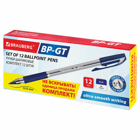 Ручка шариковая BRAUBERG «BP-GT», КОМПЛЕКТ 12 ШТУК, СИНЯЯ, евронаконечник 0.7 мм, линия письма 0.35 мм