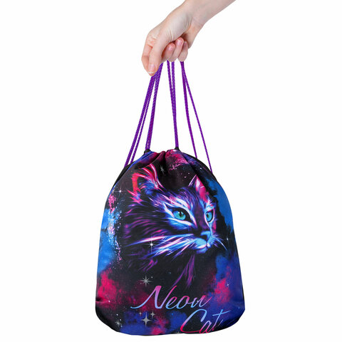 Мешок для обуви BRAUBERG PREMIUM, карман, подкладка, светоотражайка, 43×33 см, «Neon cat»