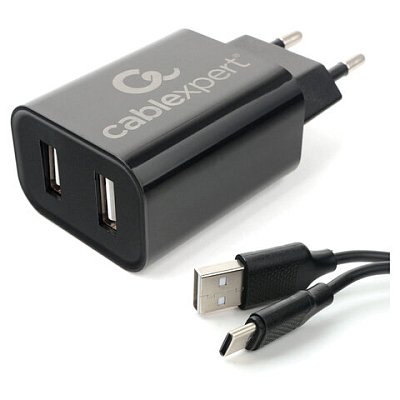 Зарядное устройство CABLEXPERT 12 Вт, 2.4 А, 2 х USB, кабель Type-C, 1 м, черный, коробка-блистер